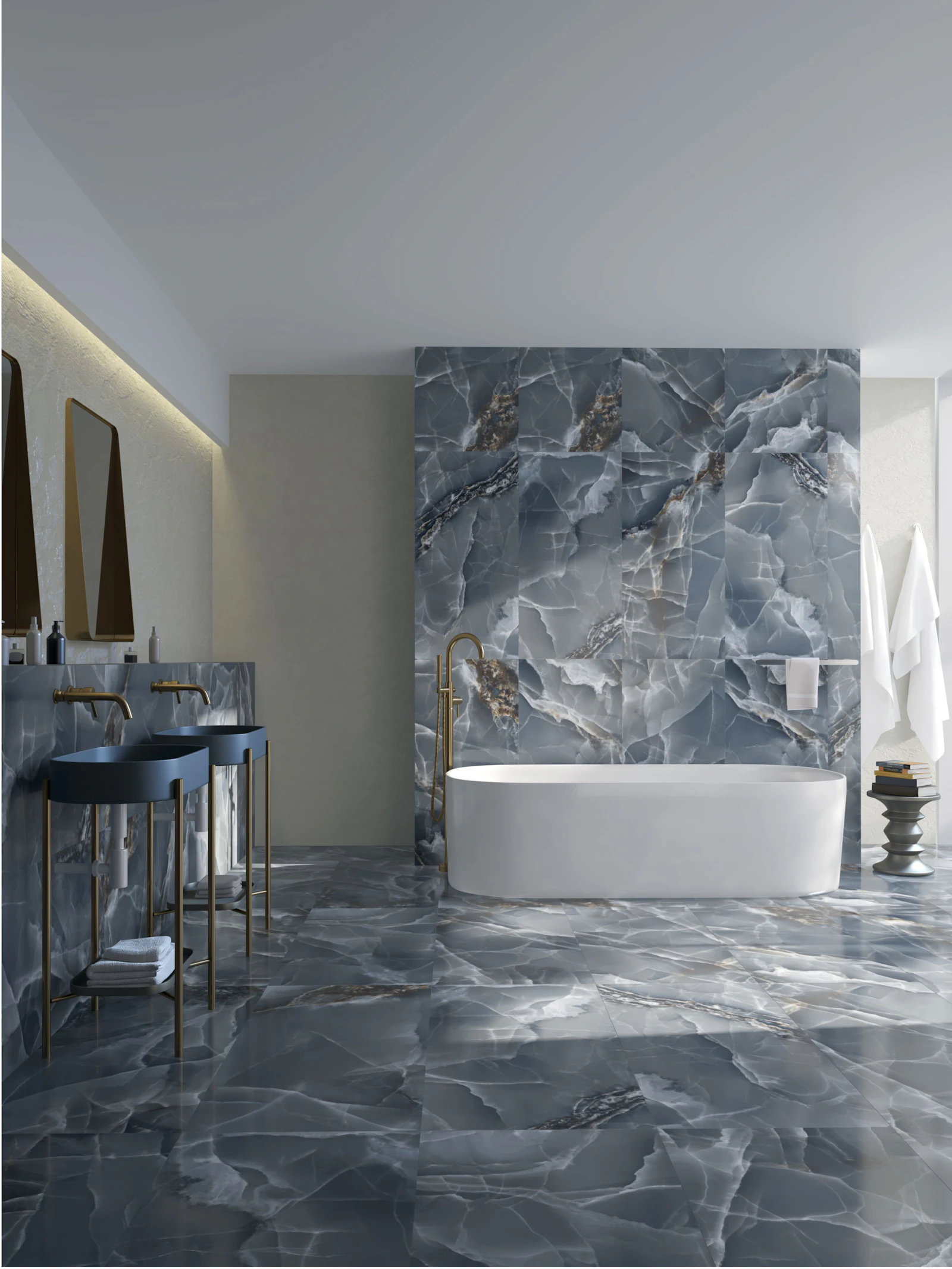 Blue onyx-effect surfaces within an illustrative modern bathroom