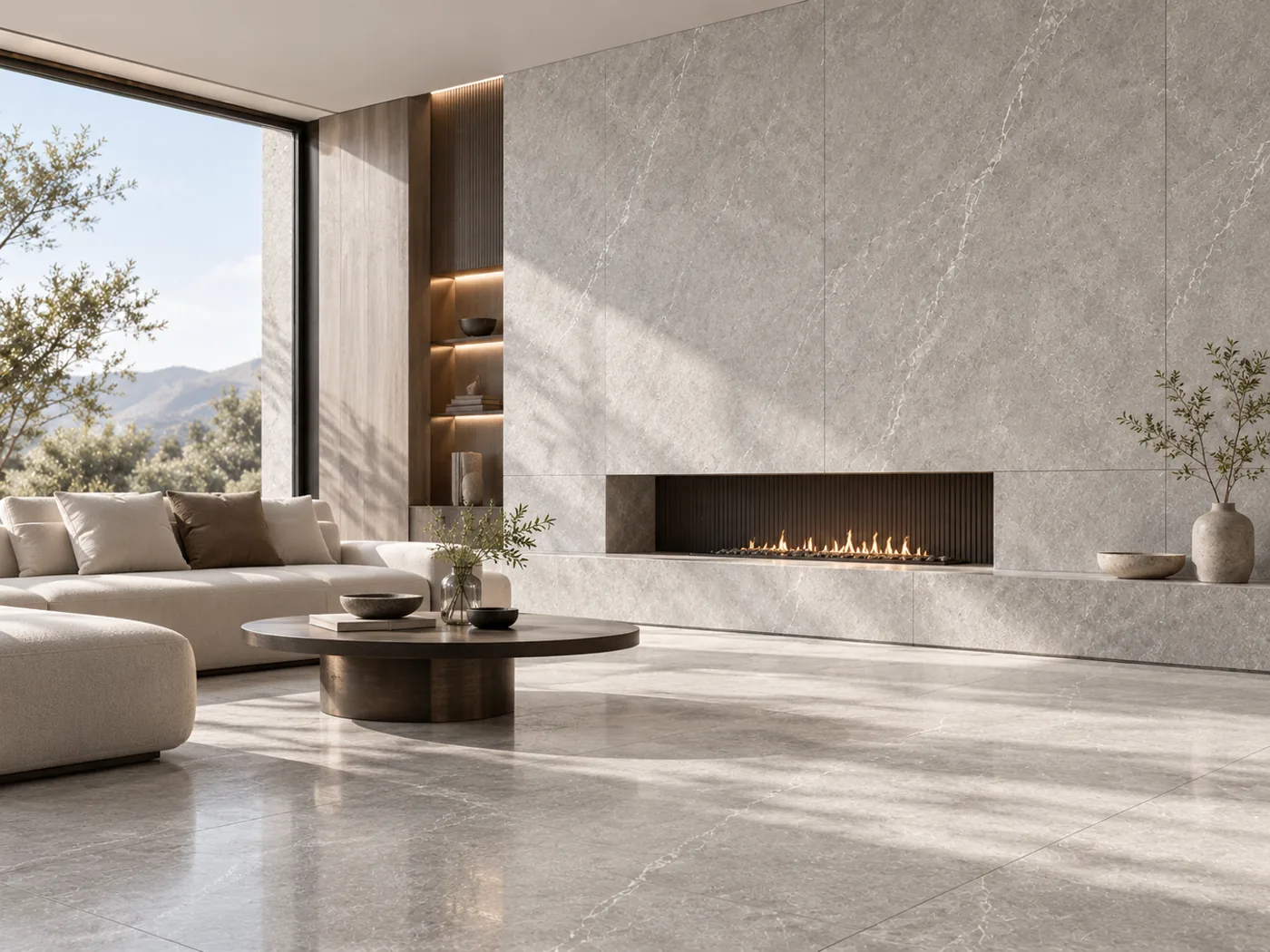 Fine Texture architectural grey-stone interior design visualization, not a photographed installation or confirmed production tile