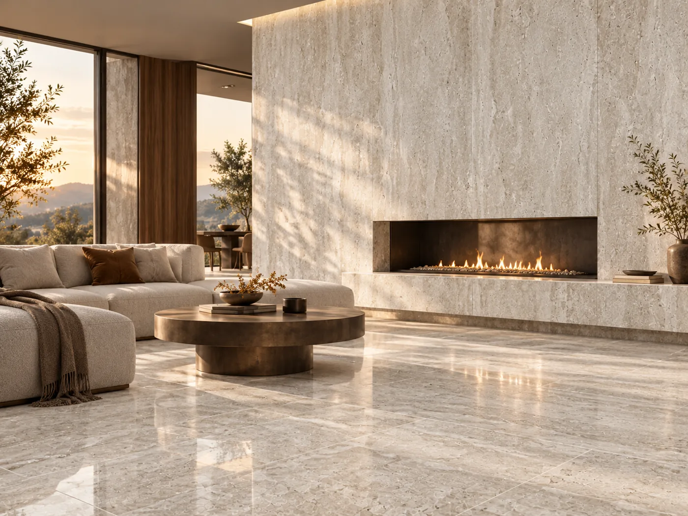 Conceptual interior visualization for the RENJUN Glazed Travertine collection, not a photographed installation