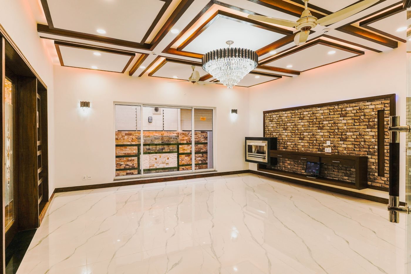 Elegant interior with polished marble floor and decorative architecture