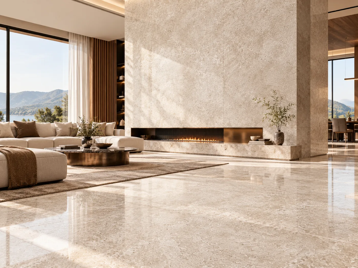 Conceptual interior visualization for the RENJUN Nano Eco Stone collection, not a photographed installation