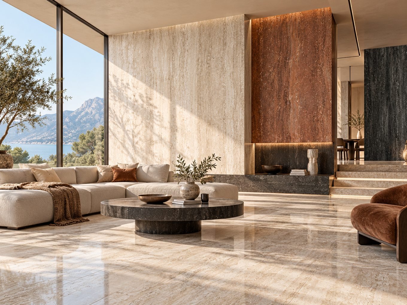 Travertine colour palette architectural visualization; AI design concept, not a completed installation