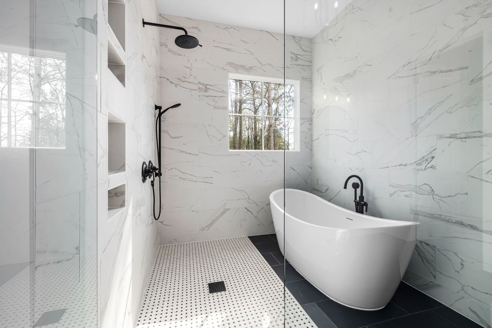 Bathroom material pairing; general interior inspiration only, not an exact tile SKU