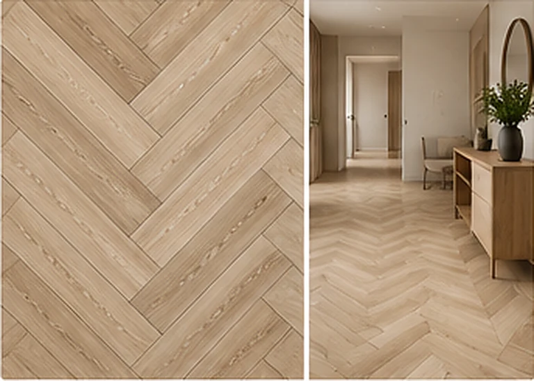Illustrative herringbone wood-look tile pattern and modern hallway inspiration; not a verified product installation