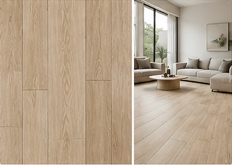 Wood-look plank flooring layout paired with a light contemporary living-room concept; not a verified RENJUN tile installation
