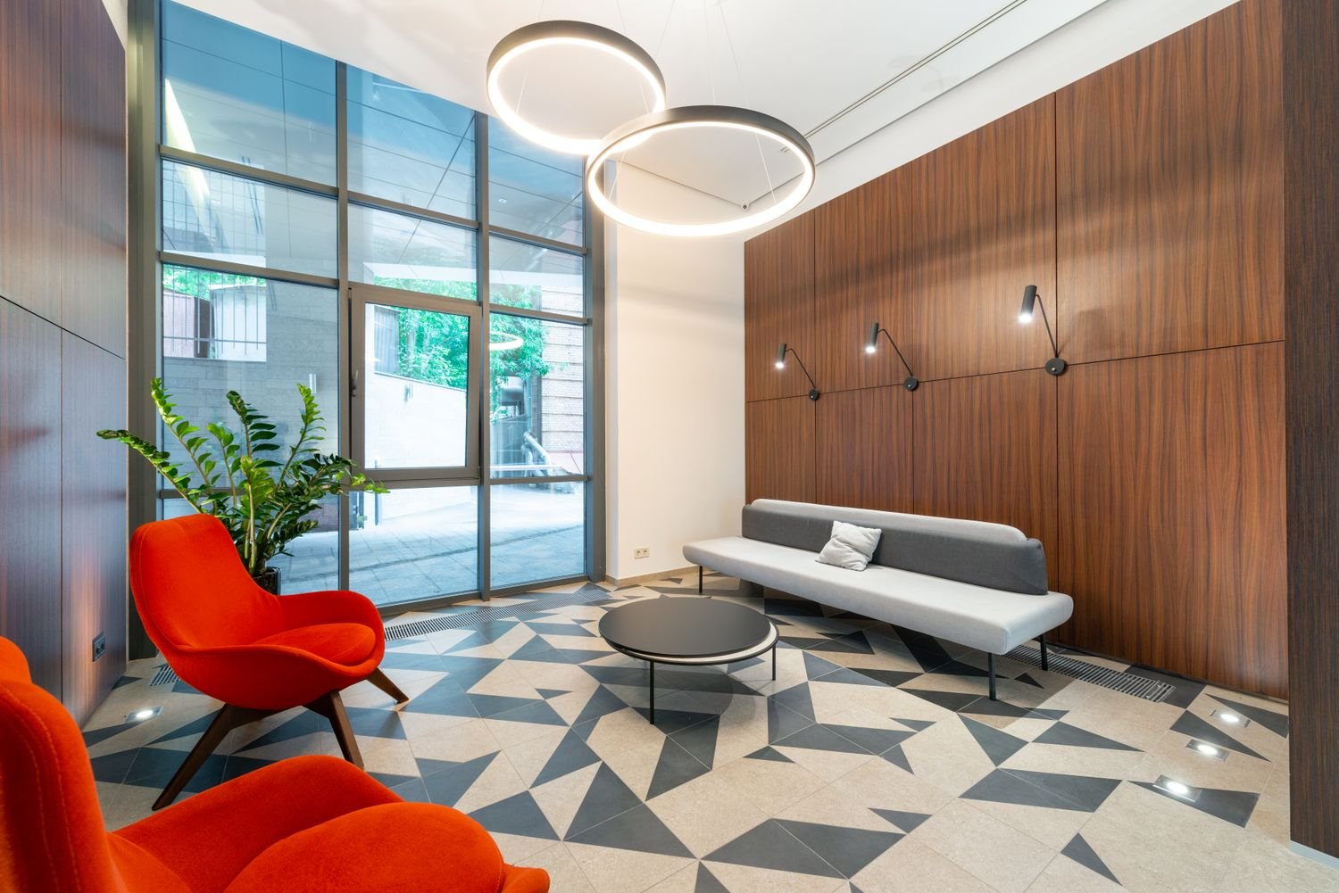 Modern living room with geometric tiled floor